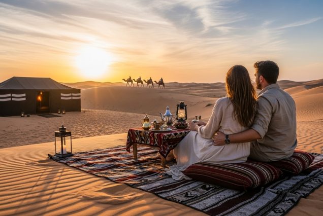 Couple posing on sand dunes during sunset safari