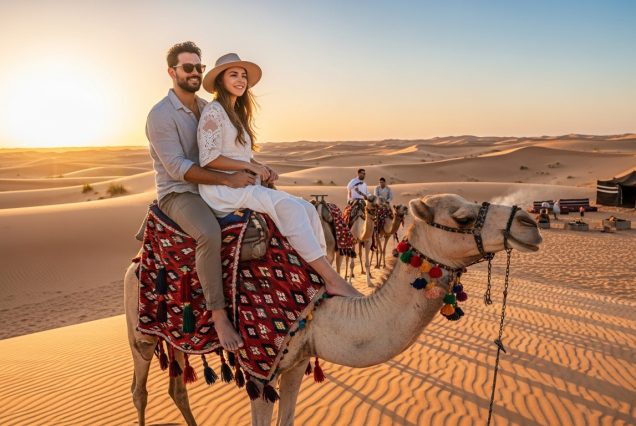 Couple riding a camel together on Dubai desert safari