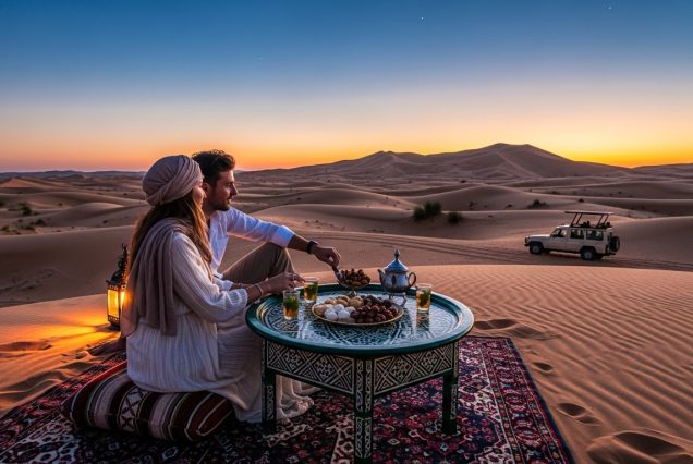 Romantic dinner setup for two at a desert camp