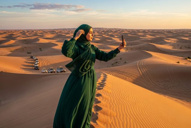 Family watching sunshine in the Dubai desert on a safari tour