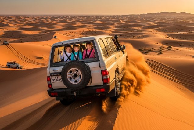 Kids playing on sand dunes during a family-friendly desert tour
