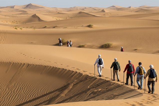 Seniors relaxing at a desert camp with cultural entertainment