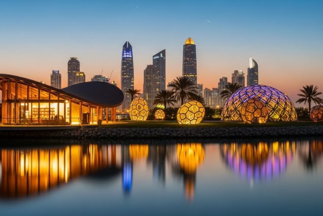 Boardwalk scenery at Al Noor Island during sunset