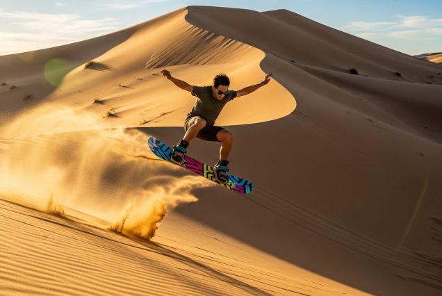 Adventurer sliding down dunes during Dubai sandboarding desert safari