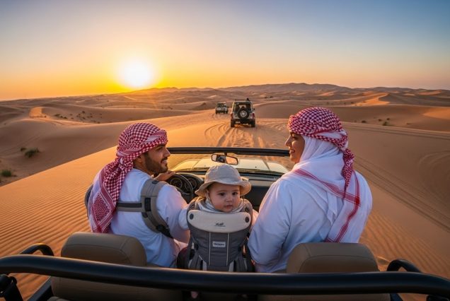 Parents and baby enjoying a calm desert safari with infant
