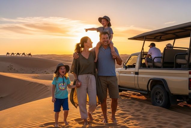 Parents and child on a desert safari with toddler in Dubai