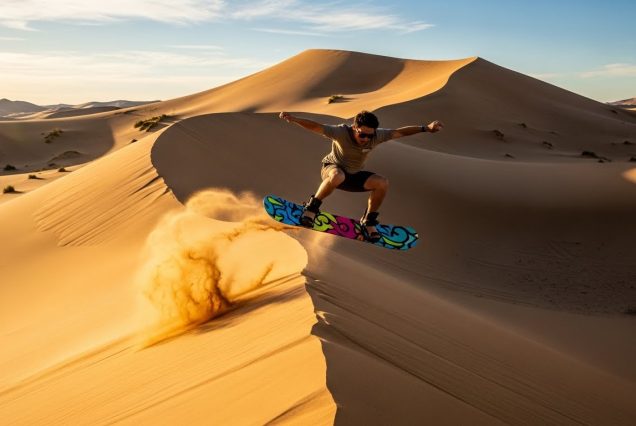 Sandboarding in Dubai desert with golden dunes