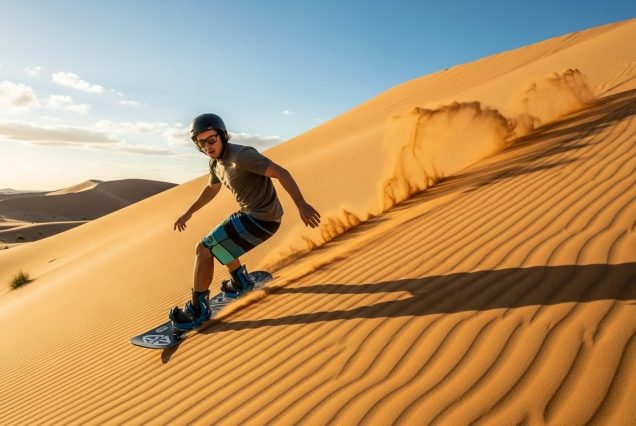 Tourist enjoying sandboarding in Dubai desert safari
