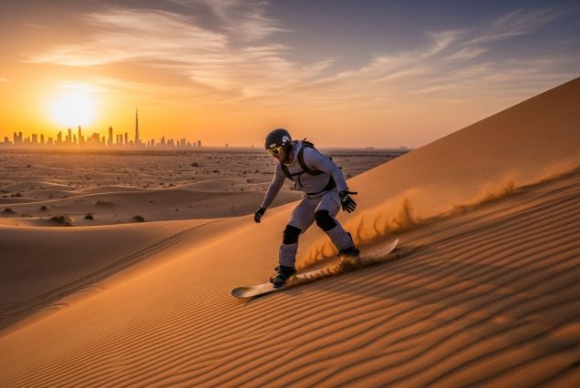 Tourists having fun sandboarding on Dubai desert dunes