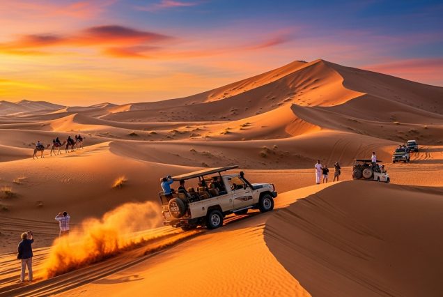 4x4 vehicle driving on tall dunes in Liwa Desert